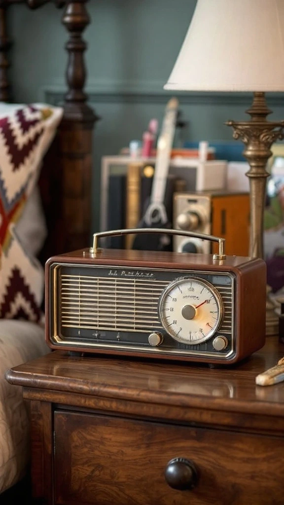 Vintage radio, retro electronics, antique sound system, nostalgic decor, 50s style, analog device, classic design, bedside radio, old-school gadget, decorative accent