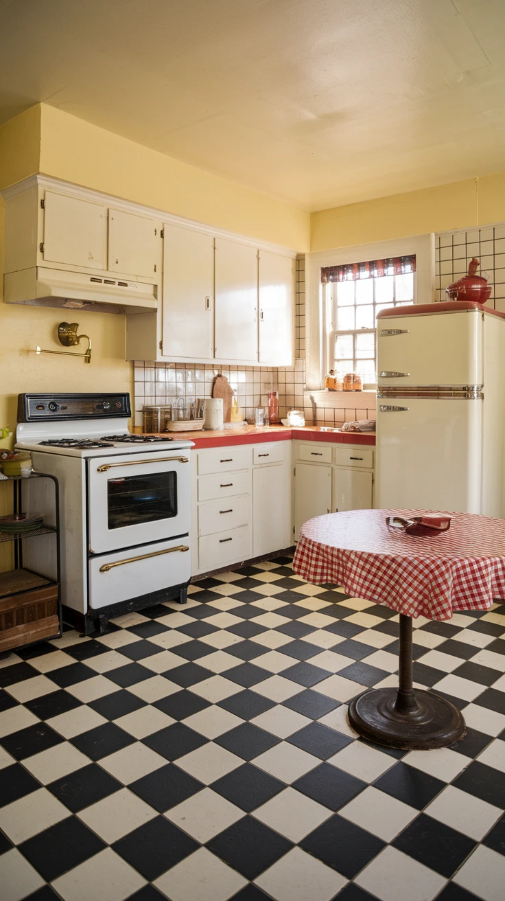 Retro rubber flooring, comfortable surface, noise-reducing material, vintage patterns, durable kitchen floor, easy maintenance, 1950s inspired, colorful options, slip-resistant, ergonomic design