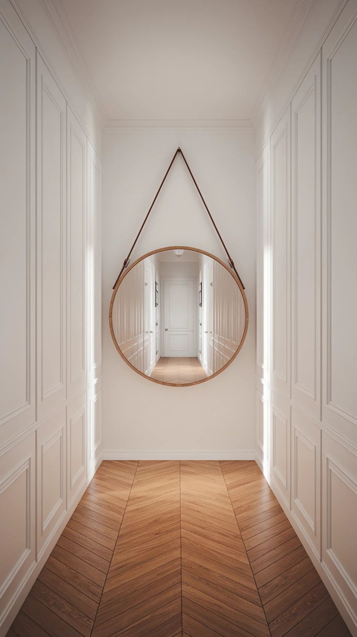 Large circular mirror, Scandinavian decor accent, light-reflecting design, minimalist wall mirror, modern entryway feature, Nordic interior style, space-enhancing