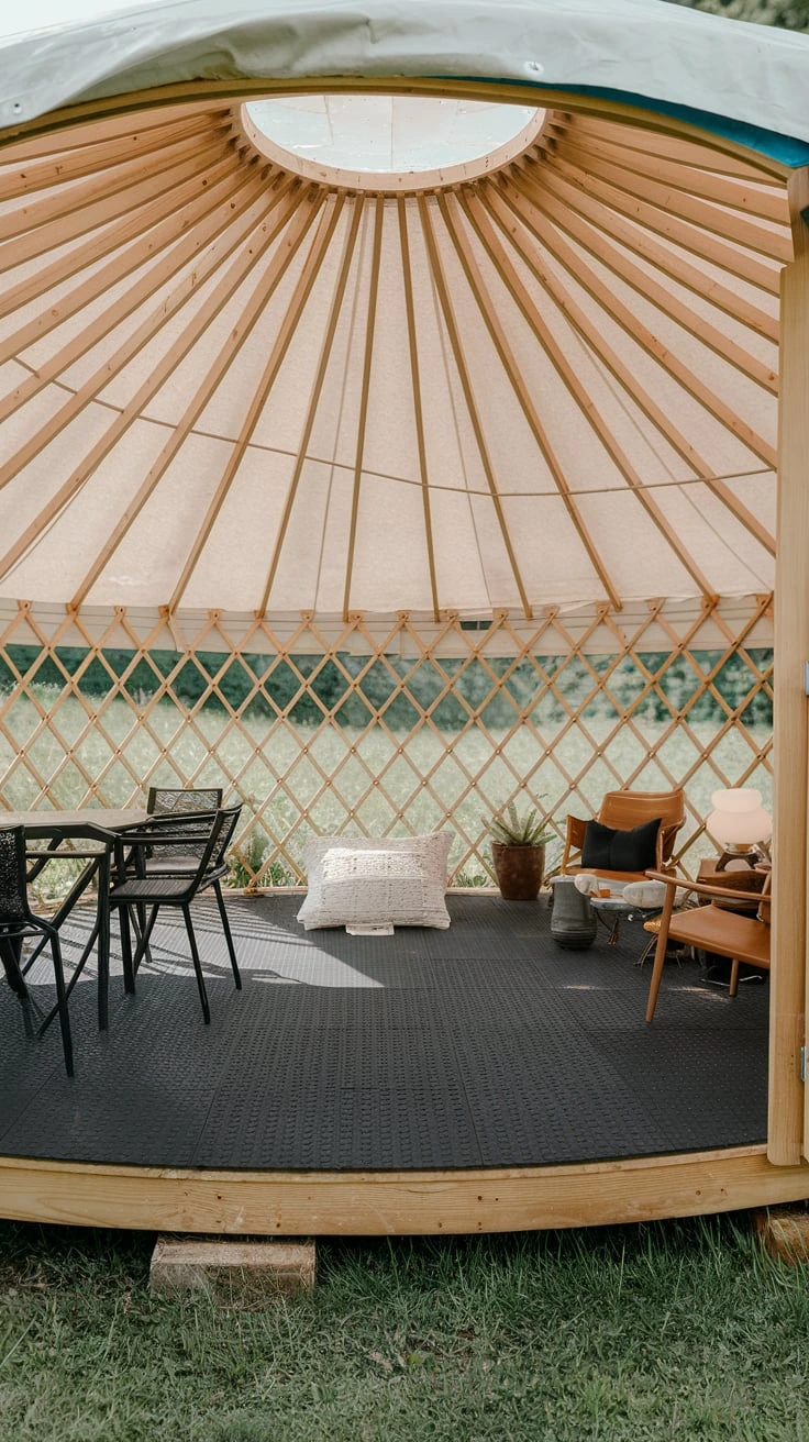 Rubber flooring in yurt, durable, easy-clean, cushioning, noise-reducing, practical, moisture-resistant, stain-resistant, versatile, high-traffic suitable, workout-friendly