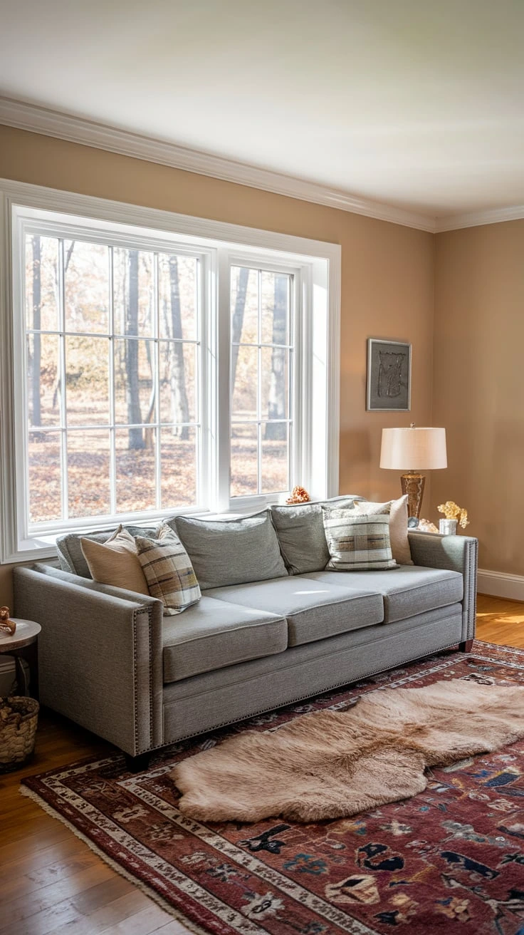 Grey couch with autumn rug, fall floor decor, seasonal textures, cozy flooring, warm colors, living room style, layered textiles, pattern mix, inviting space, comfort underfoot