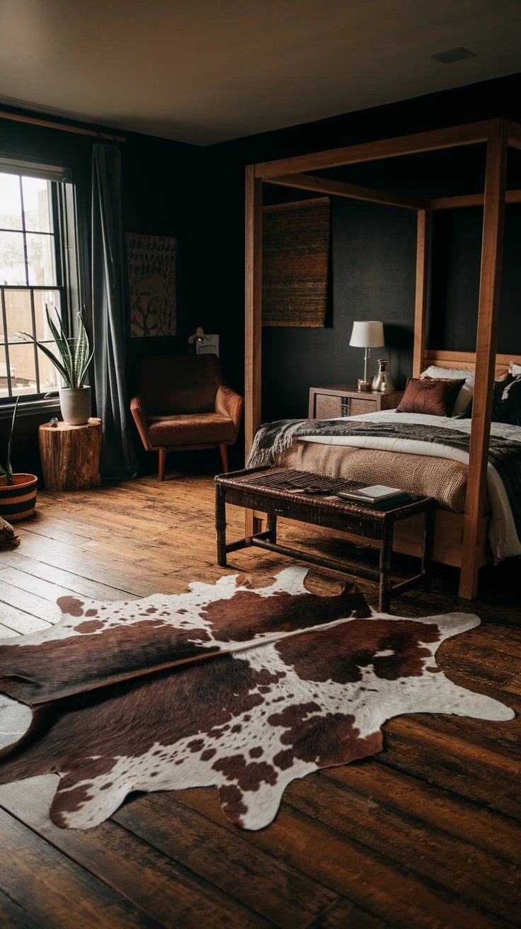 Rustic bedroom with cowhide rug, wooden floors, vintage furniture, cozy textures, warm lighting, farmhouse style, intimate setting, contrast decor, natural materials, moody atmosphere