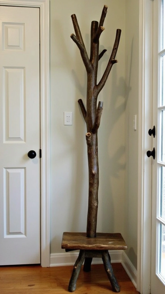 Wooden coat stand, farmhouse entryway storage, rustic tree branch hooks, natural wood decor