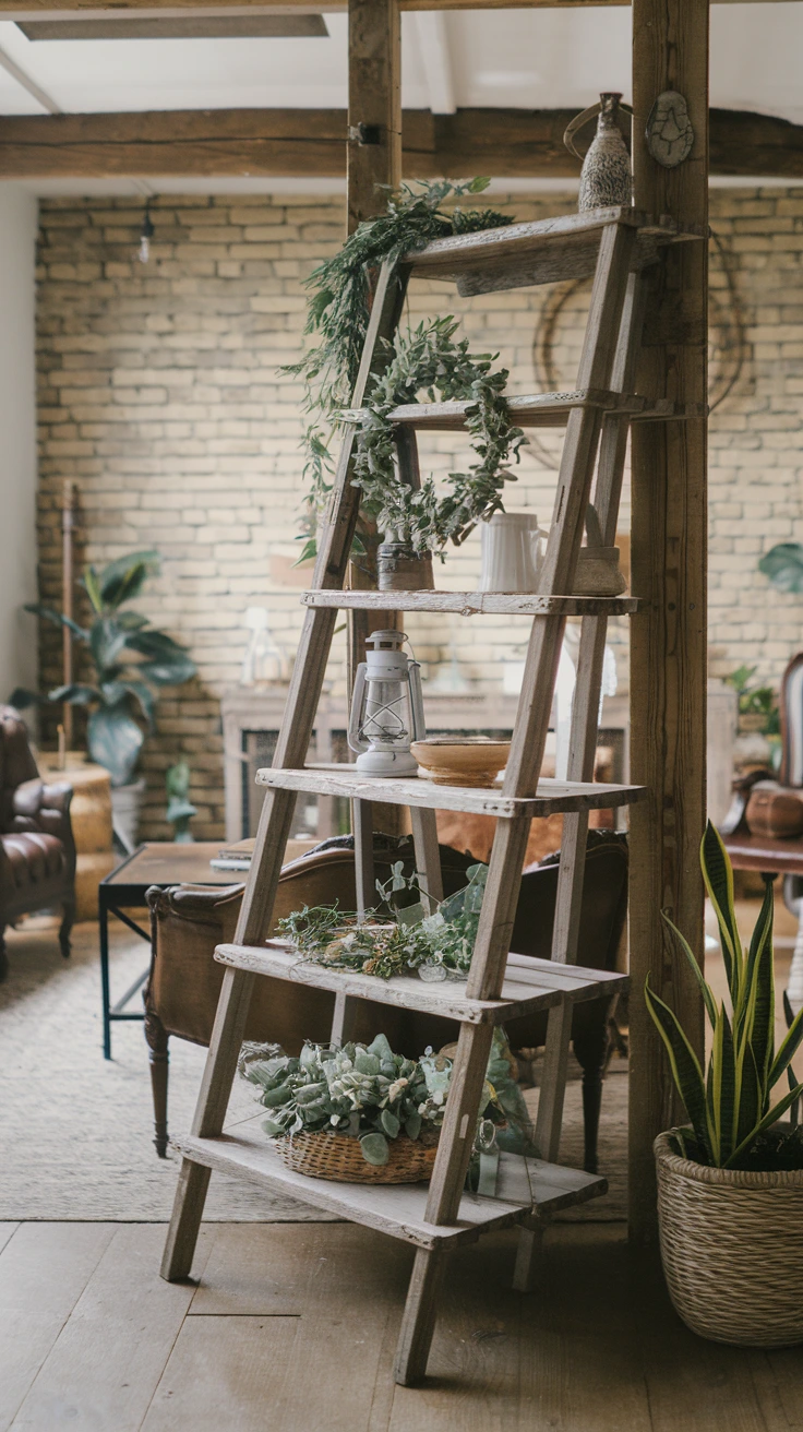 Rustic ladder shelf wooden display plants boho decor items repurposed