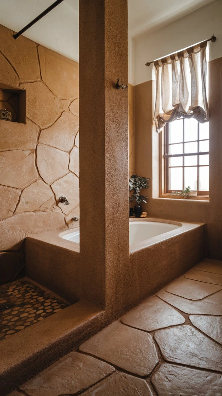 Sandstone-look tiles, natural stone appearance, earthy bathroom flooring, rustic shower tiles, warm sandy colors, low-maintenance natural look, organic tile pattern, desert-inspired bathroom, durable stone-like surface, neutral color scheme