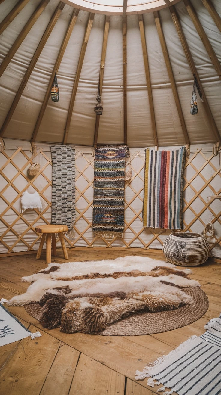 Sheepskin rugs in yurt, cozy, warm, textured, inviting, luxurious, temperature-regulating, soft, accent piece, layering, natural