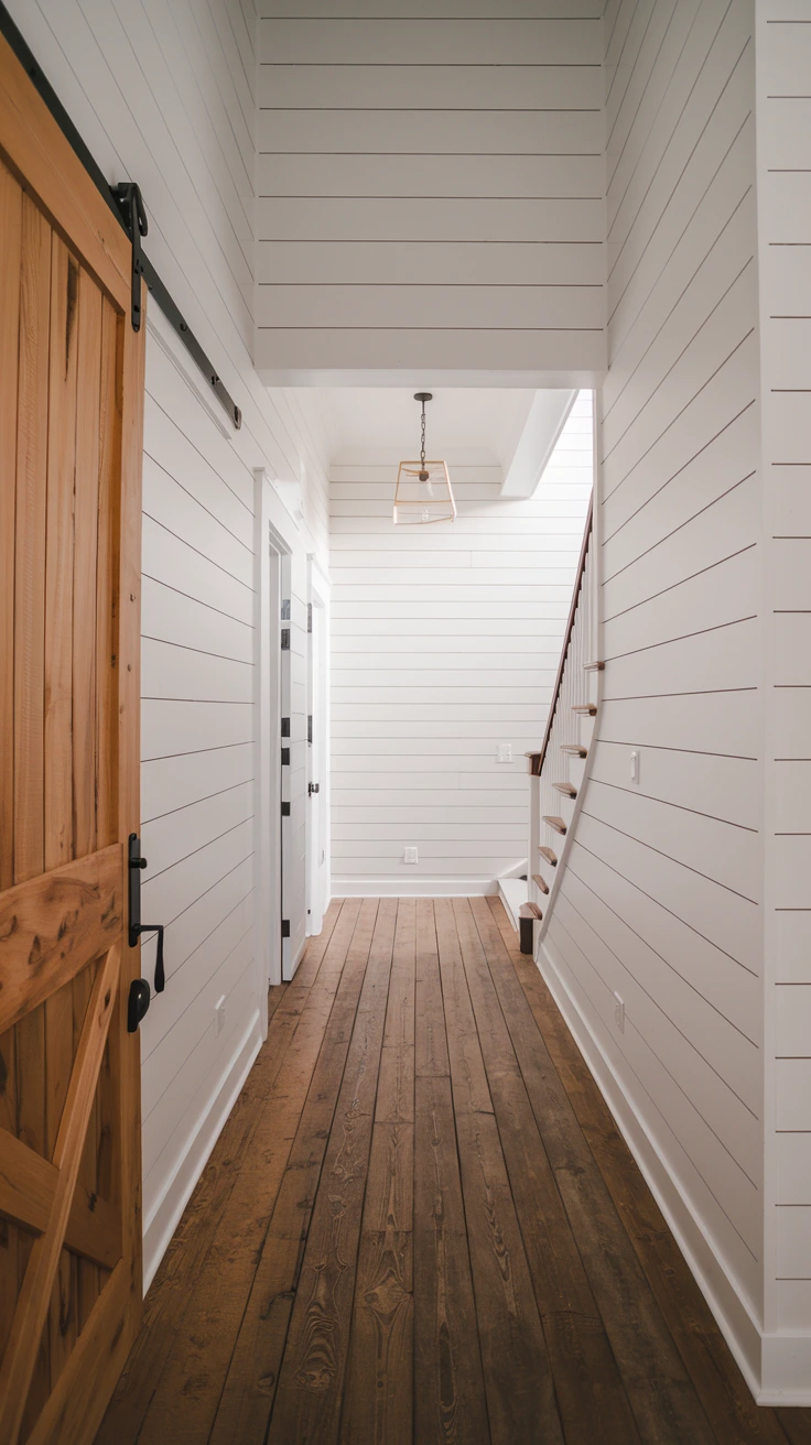 Rustic shiplap walls in farmhouse hallway, white wooden panels, textured accent wall, country style interior