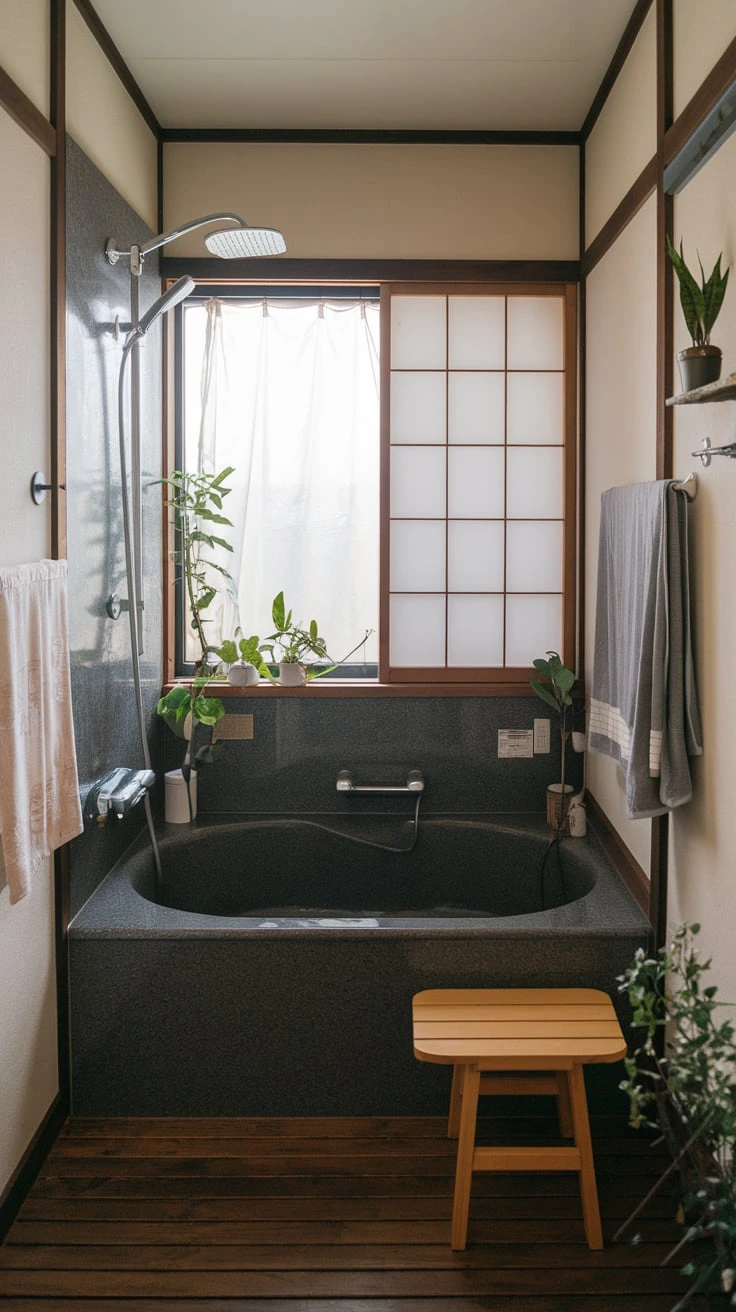 Deep shower tub combo, space-saving design, Japanese ofuro inspired, small bathroom solution