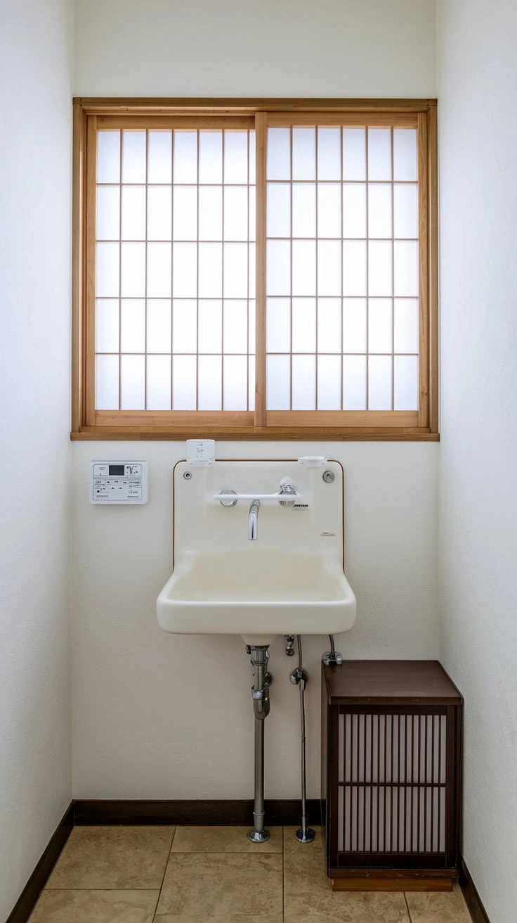 Wall-mounted sink, minimalist design, space-saving, Japanese bathroom, clean lines, under-sink storage