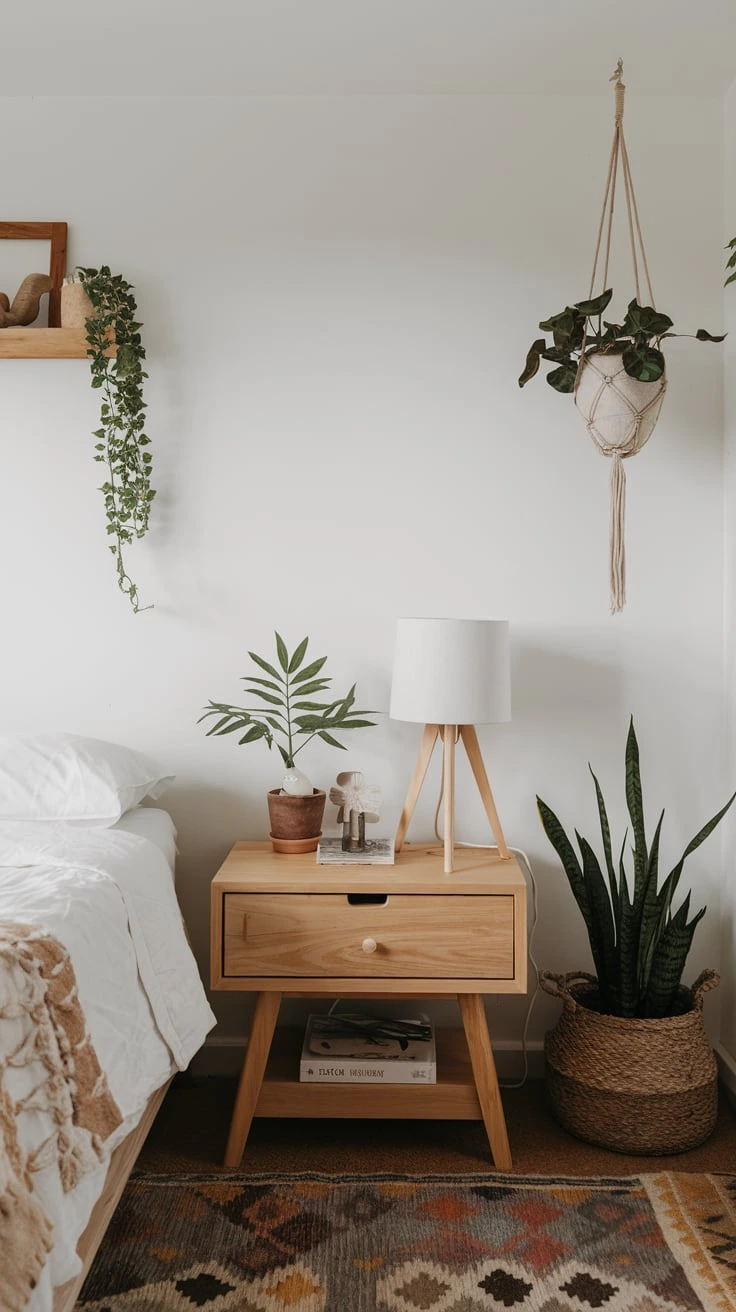 Wooden bedside table, minimalist bedroom furniture, boho nightstand, natural materials