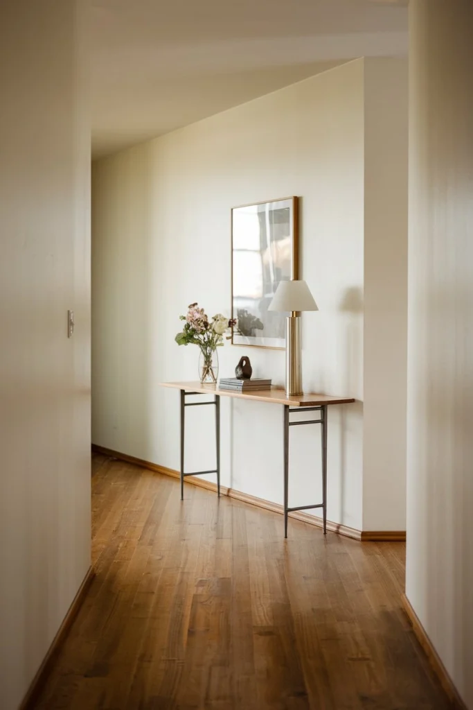 Mid-century modern sleek console table, teak, walnut, tapered legs, entryway furniture, retro design, slim profile, hallway decor, vintage style, functional storage