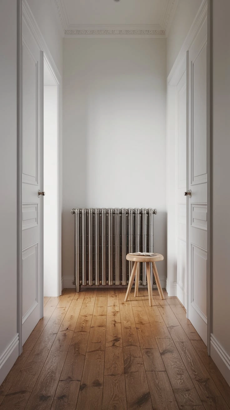 Modern radiator cover, Scandinavian functional design, Nordic heating solution, minimalist hallway feature, clean-lined cover, practical decor element, streamlined look