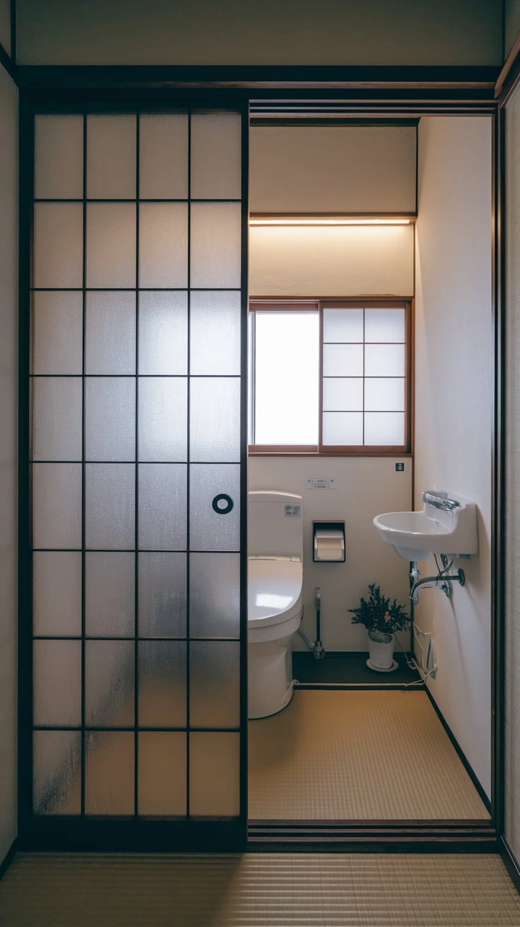 Japanese sliding door, space-saving, frosted glass, privacy, traditional design, bathroom entrance