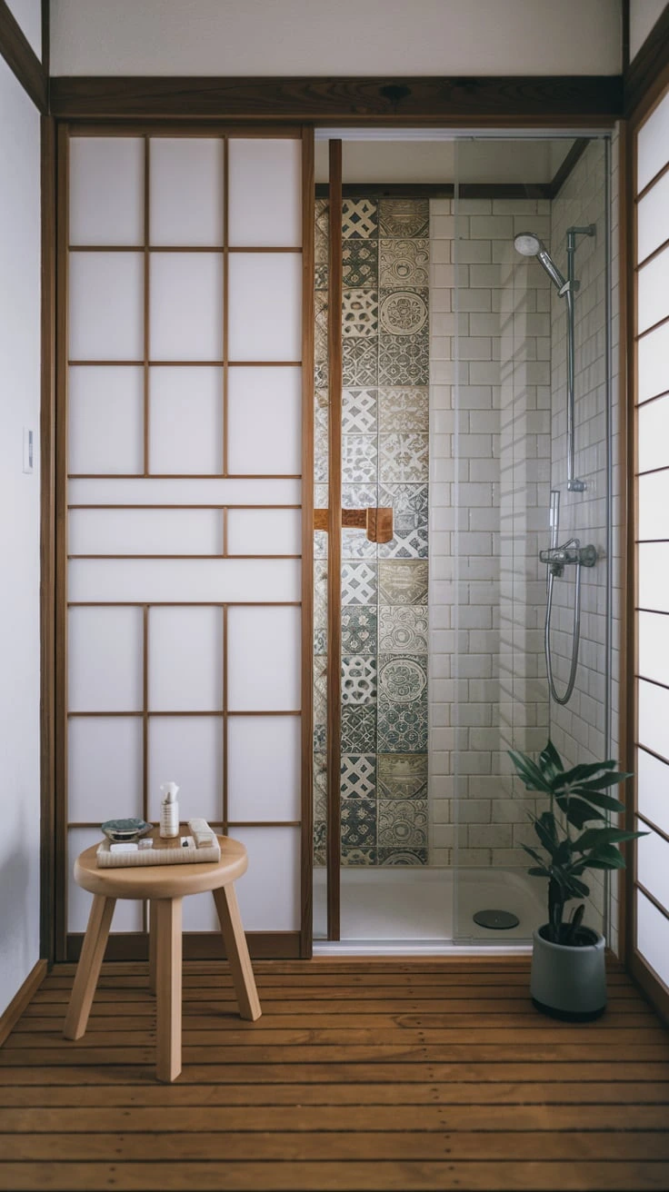 Space-efficient shower door, clear glass, Japanese bathroom design, modern, compact solution