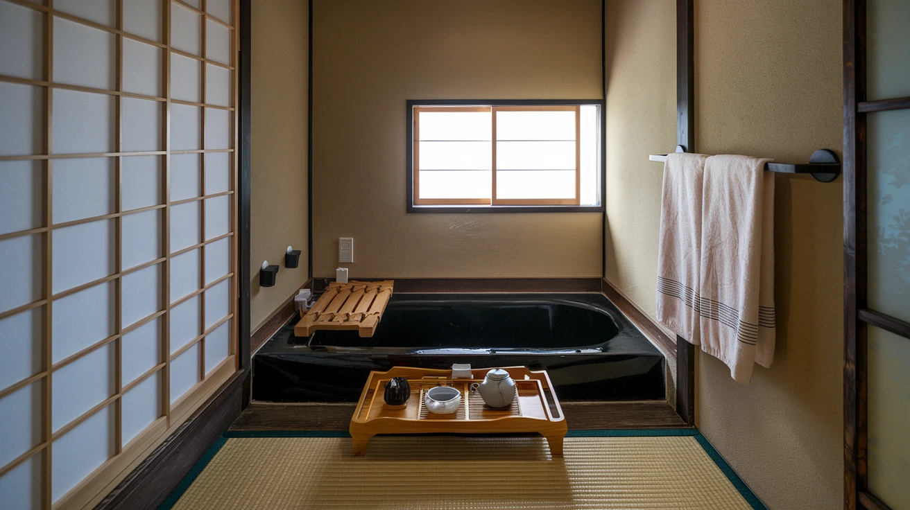 small Japanese bathroom, minimalist bathroom design, compact bathroom ideas, serene bathroom decor, natural elements in bathroom, Japanese-style bathroom, space-saving bathroom solutions