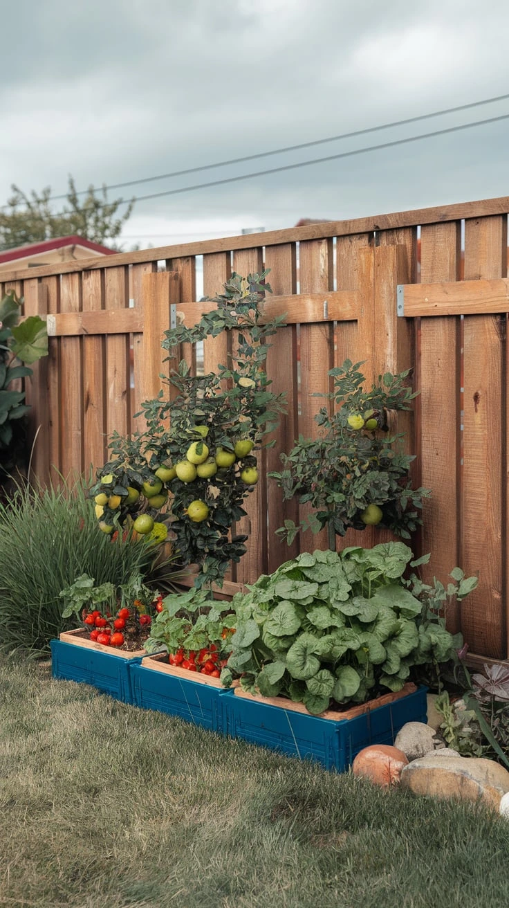 Container vegetable garden, urban food growing, compact fruit trees, patio vegetables, herb containers, small-scale farming, edible landscaping, kitchen garden, grow your own food, space-efficient crops