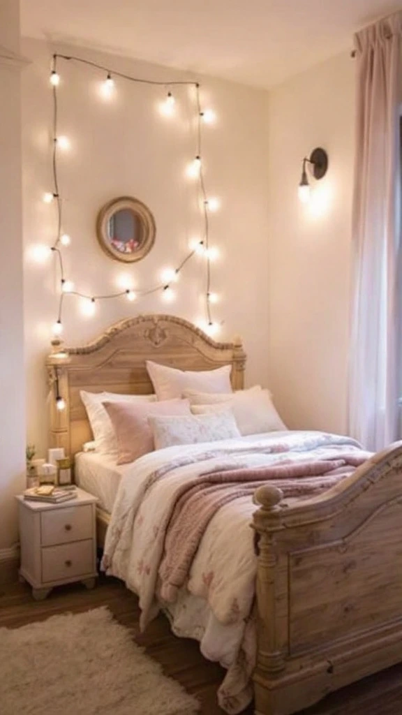 Smart lighting, wall sconces, string lights, girl's bedroom decor, space-saving lamps, mood lighting, compact light fixtures, small room illumination, cozy atmosphere, efficient lighting solutions