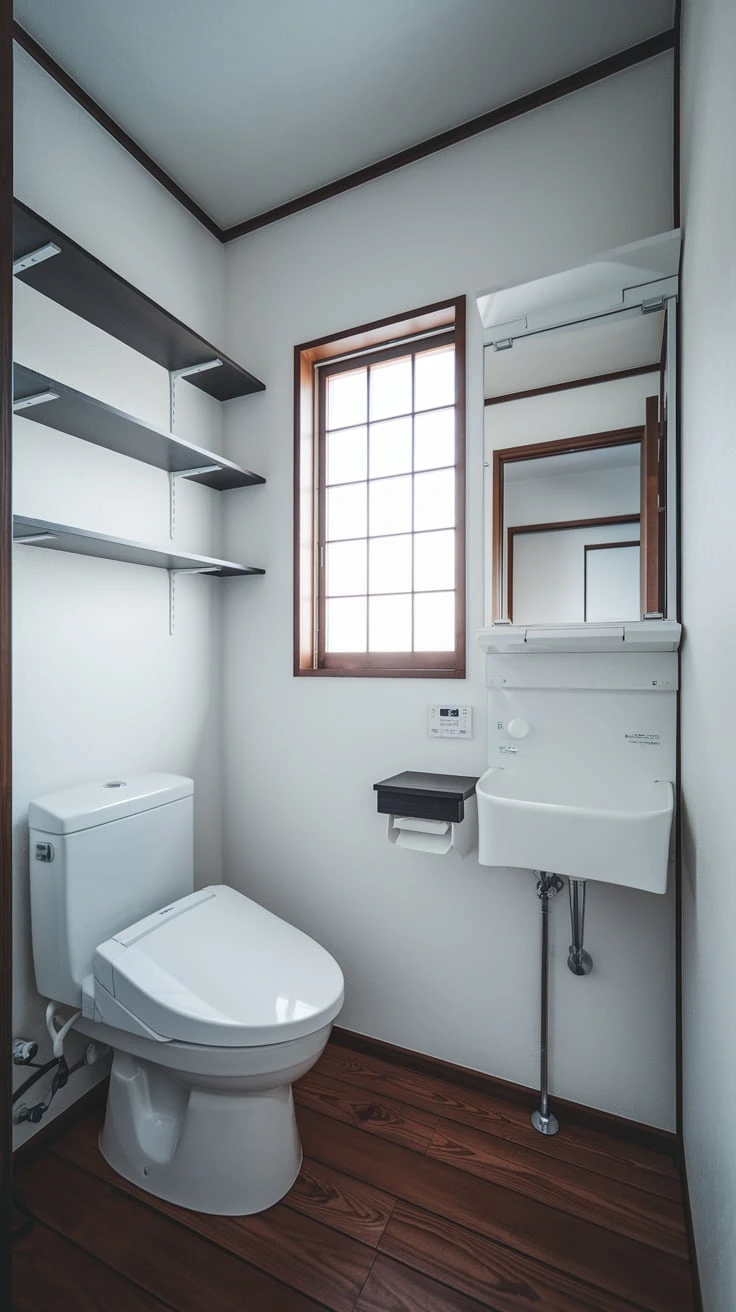 Built-in shelves, wall storage, minimalist organization, Japanese bathroom, space-efficient, decluttered