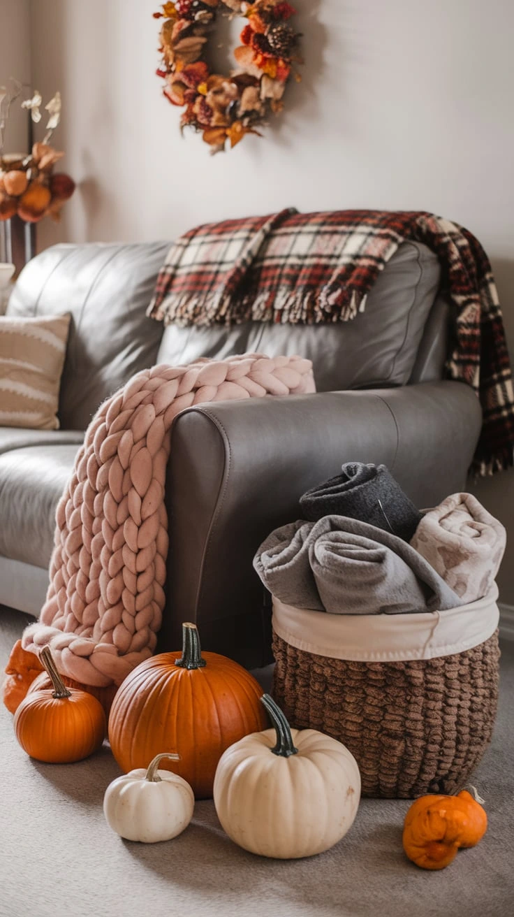 Cozy grey couch with autumn blankets, fall throw, warm textiles, seasonal comfort, layered textures, neutral palette, living room decor, hygge vibes, soft fabrics, inviting space