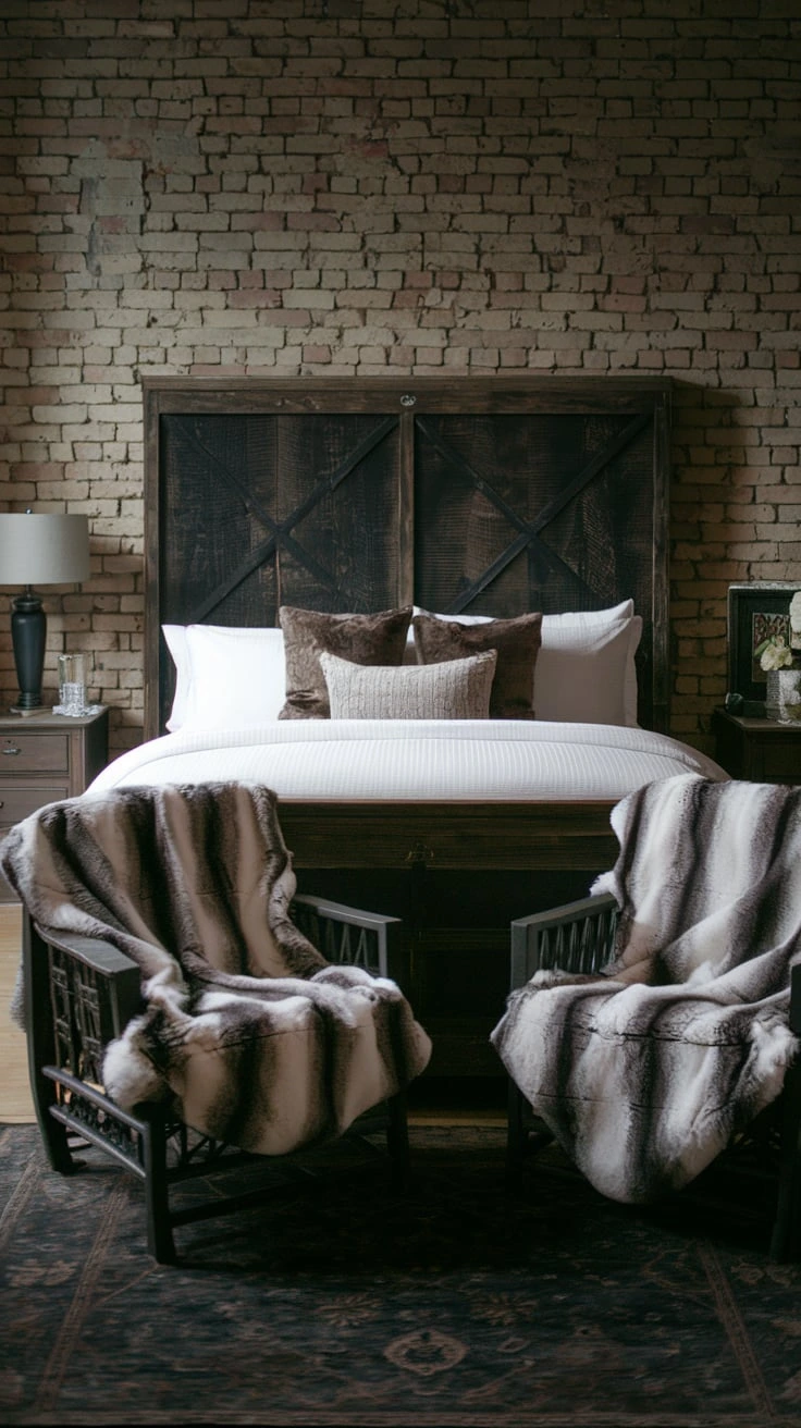 Rustic bedroom with faux fur throws, dark wooden furniture, cozy textures, warm lighting, vintage decor, intimate setting, farmhouse style, contrast elements, moody atmosphere, layered bedding