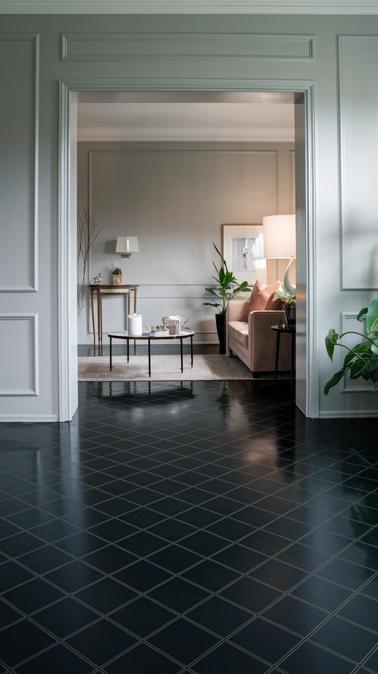 Sophisticated black flooring, dramatic, luxurious, bold, modern, elegant, statement, living room, home luxury, interior depth