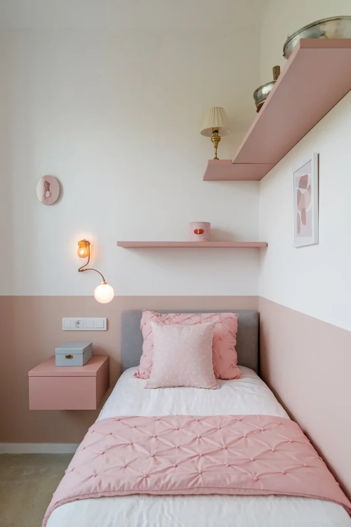 Space-efficient nightstands, floating shelves, wall-mounted storage, girl's bedroom ideas, compact furniture, small room solutions, bedside organization, minimalist design, functional decor, space-saving bedroom