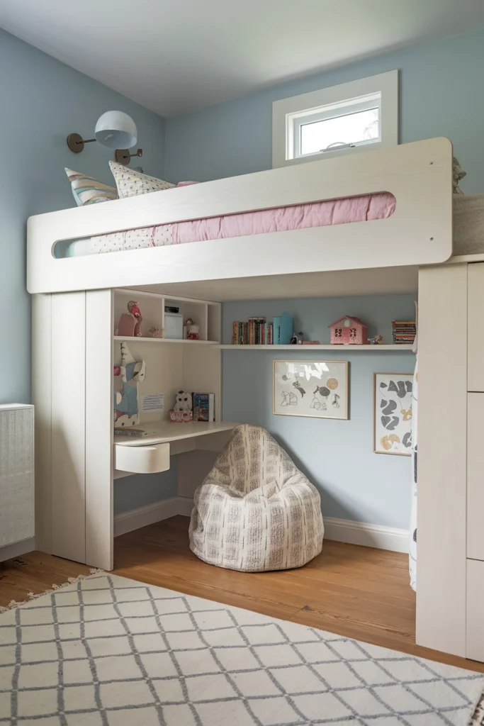 Space-saving loft bed, multi-functional bedroom, elevated sleeping area, compact design, girl's room, storage solutions, cozy nook, efficient layout, small space ideas, vertical living