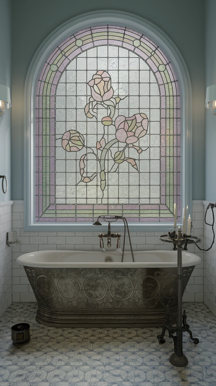 Stained glass window, Victorian bathroom decor, colorful glass accents, period-appropriate design, artistic bathroom features, vintage-inspired windows, luxury light filtration, decorative glass elements, historical authenticity, elegant craftsmanship