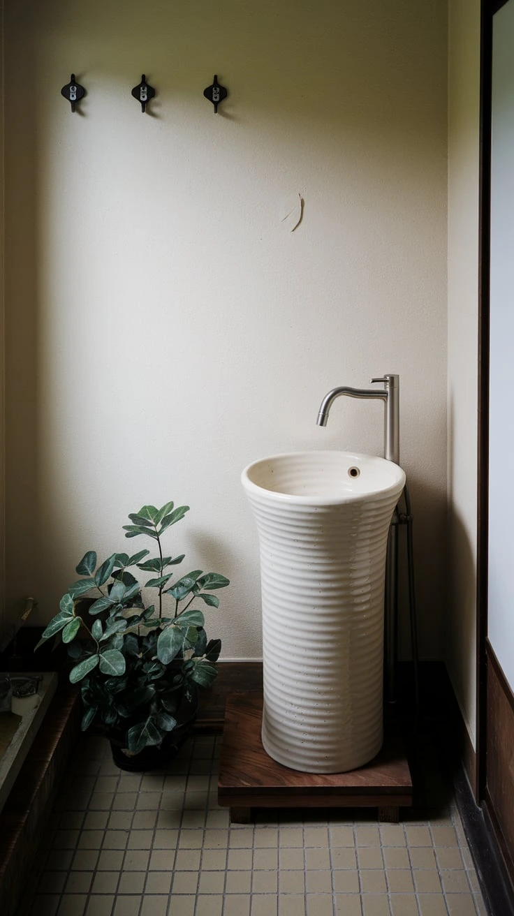 Pedestal sink, space-saving, Japanese-inspired curves, minimalist design, small bathroom solution