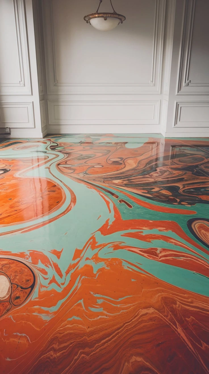 Statement epoxy resin floors, unique designs, 70s abstract art, customizable flooring, versatile material, modern twist, artistic floors