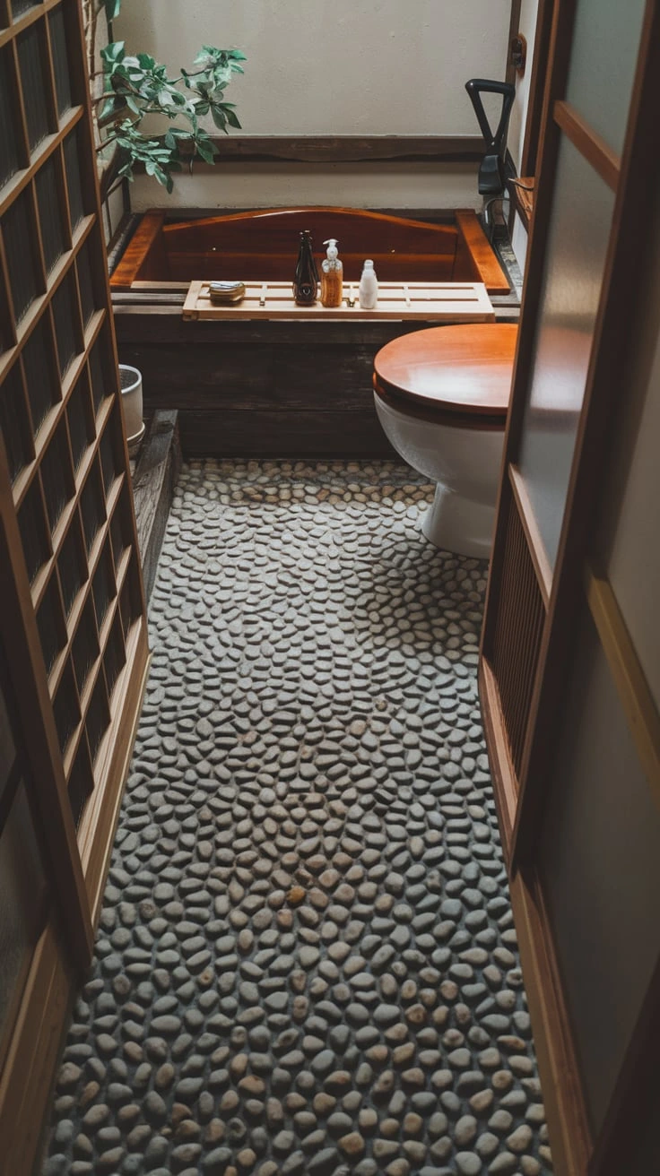 Pebble floor, natural stone, shower area, Japanese bath design, texture, spa-like feel