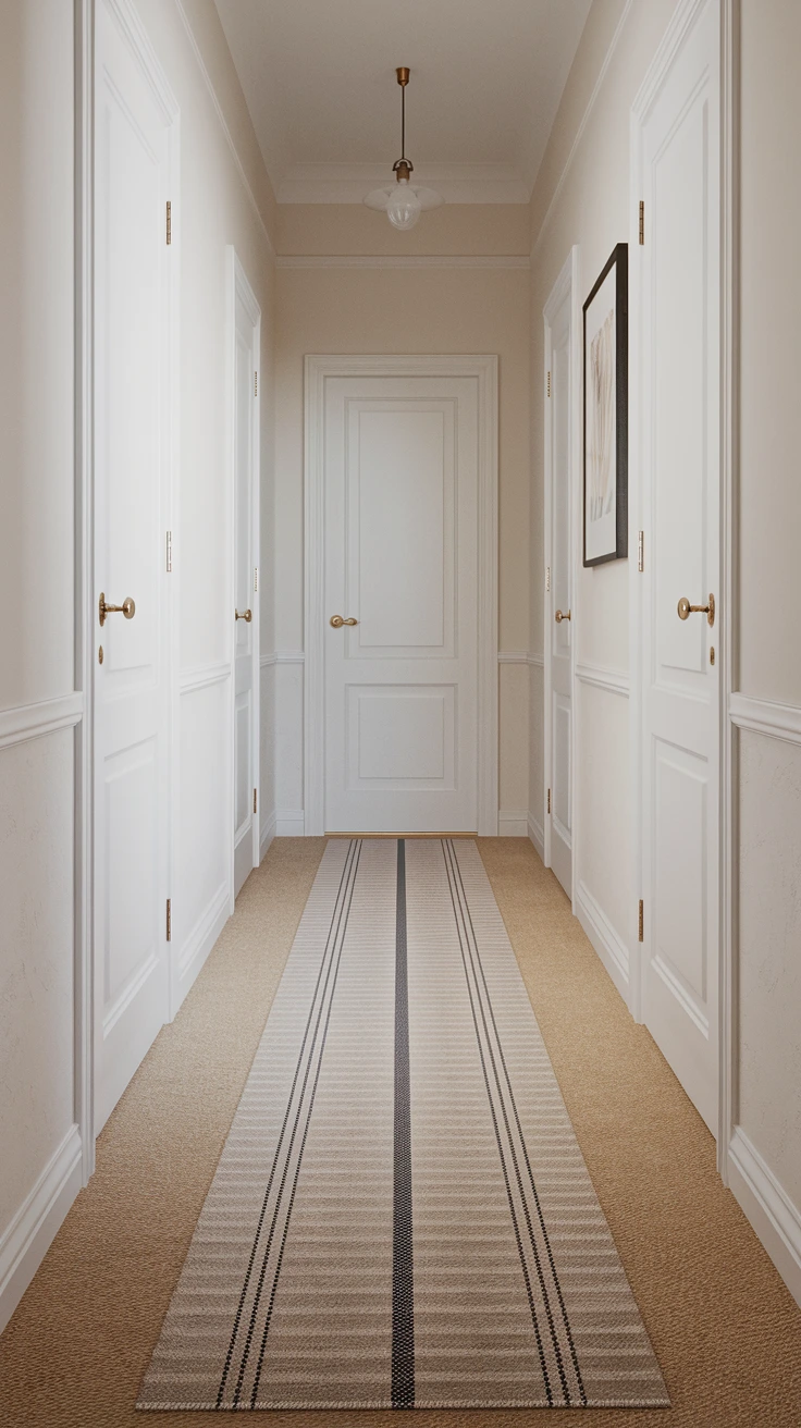 Striped hallway runner, Scandinavian floor decor, monochrome carpet, Nordic pattern design, minimalist rug, entryway textile, geometric floor covering