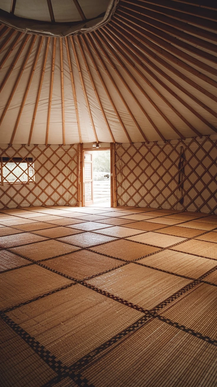 Tatami mats in yurt, traditional, zen, calming, humidity-regulating, temperature-regulating, textured, minimalist, Japanese-inspired, meditative, natural