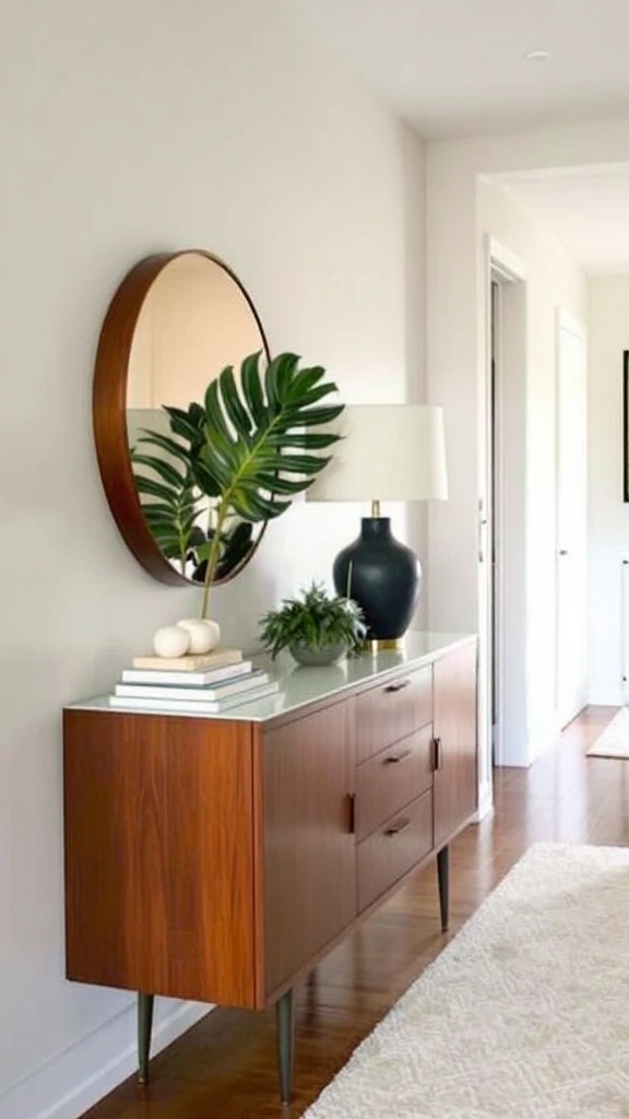 Teak sideboard, mid-century modern storage, vintage furniture, wooden cabinet, retro design, hallway organization, clean lines, warm wood tones, functional decor, statement piece