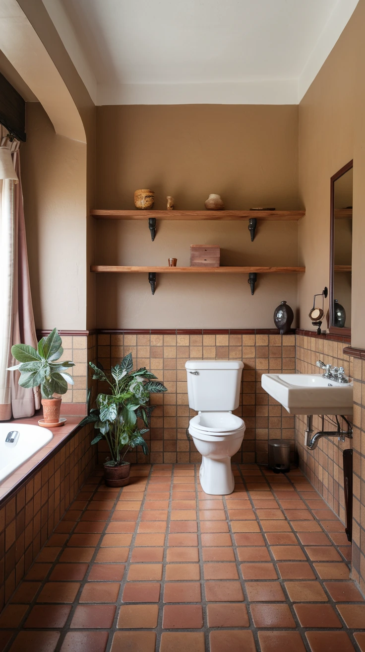 Terracotta tiles, warm bathroom flooring, Mediterranean-inspired decor, earthy tones, natural clay tiles, rustic bathroom design, rich reddish-brown color, organic texture, traditional craftmanship, durable flooring