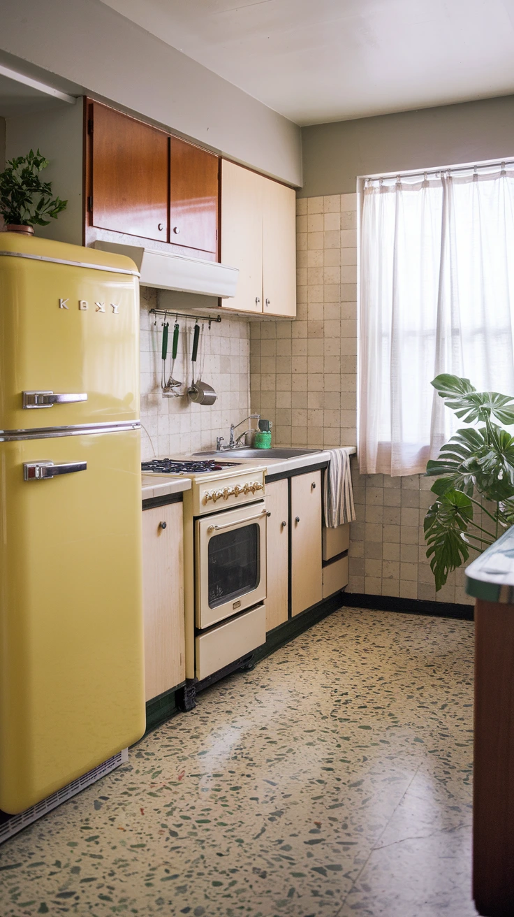 Terrazzo flooring revival, speckled design, durable kitchen floor, mid-century modern, composite material, retro-inspired, long-lasting surface, unique patterns, vintage charm, eco-friendly option