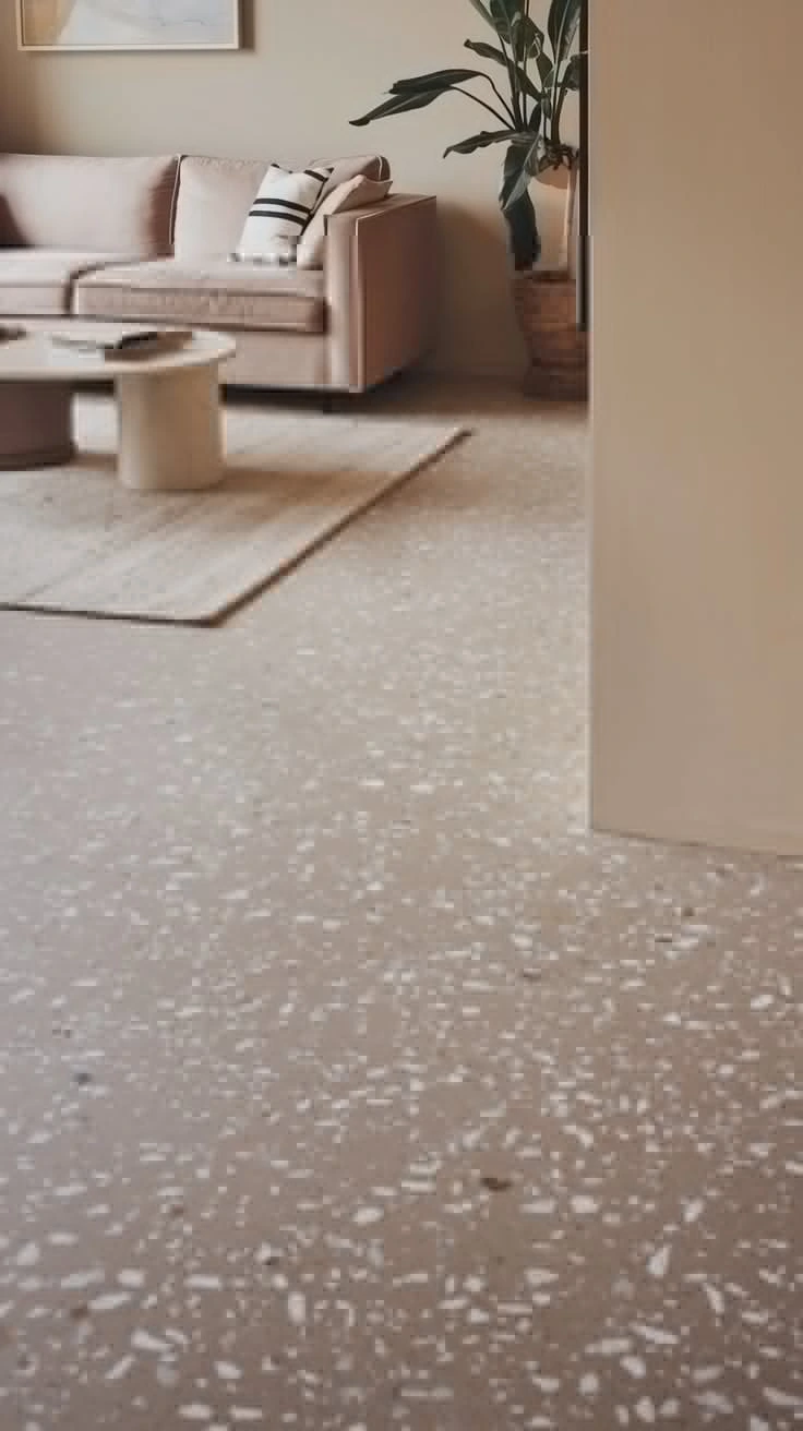 Terrazzo living room flooring durable customizable speckled appearance marble quartz glass unique stylish