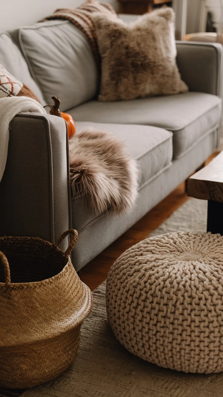 Grey couch with textured accessories, fall fabrics, cozy materials, seasonal layers, tactile decor, living room comfort, mixed textures, autumn warmth, inviting touches, sensory appeal