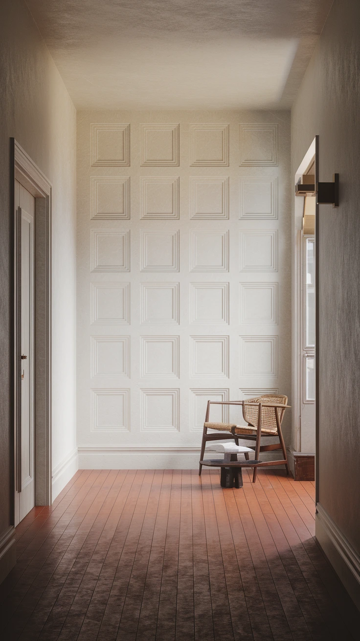 Subtle textured wall, Scandinavian interior design, Nordic wall treatment, minimalist 3D panels, modern hallway feature, tactile wall decor, depth-adding element