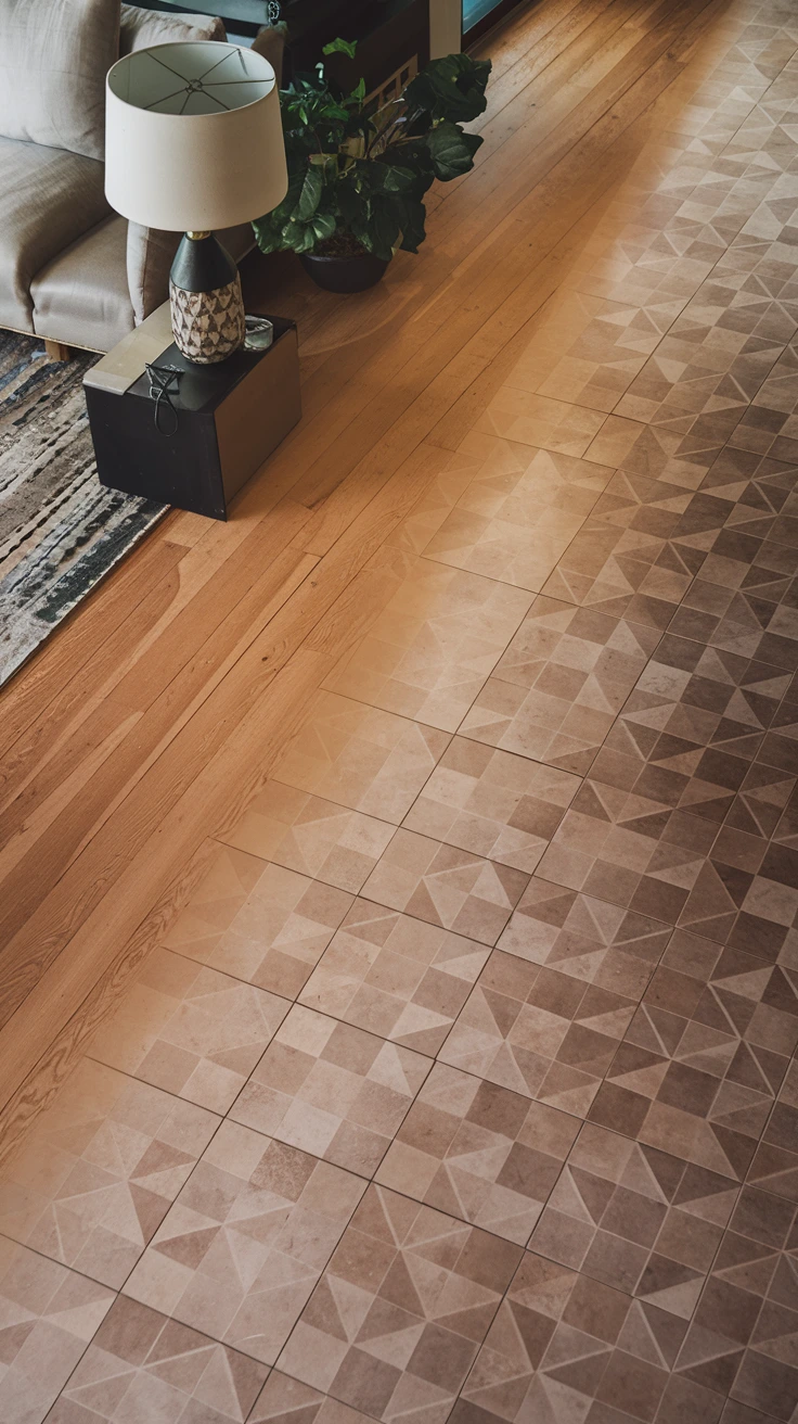 Wood-tile transition flooring, mixed materials, seamless blend, durability, moisture-resistant, warm aesthetics, interlocking patterns, gradient effect, bespoke design