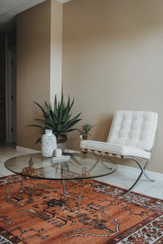 Clear acrylic chair, glass table, visually light furniture, unobtrusive pieces, space-enhancing decor, modern transparent design, open feel furniture, small room optical illusion, sleek interior choice, minimalist aesthetic