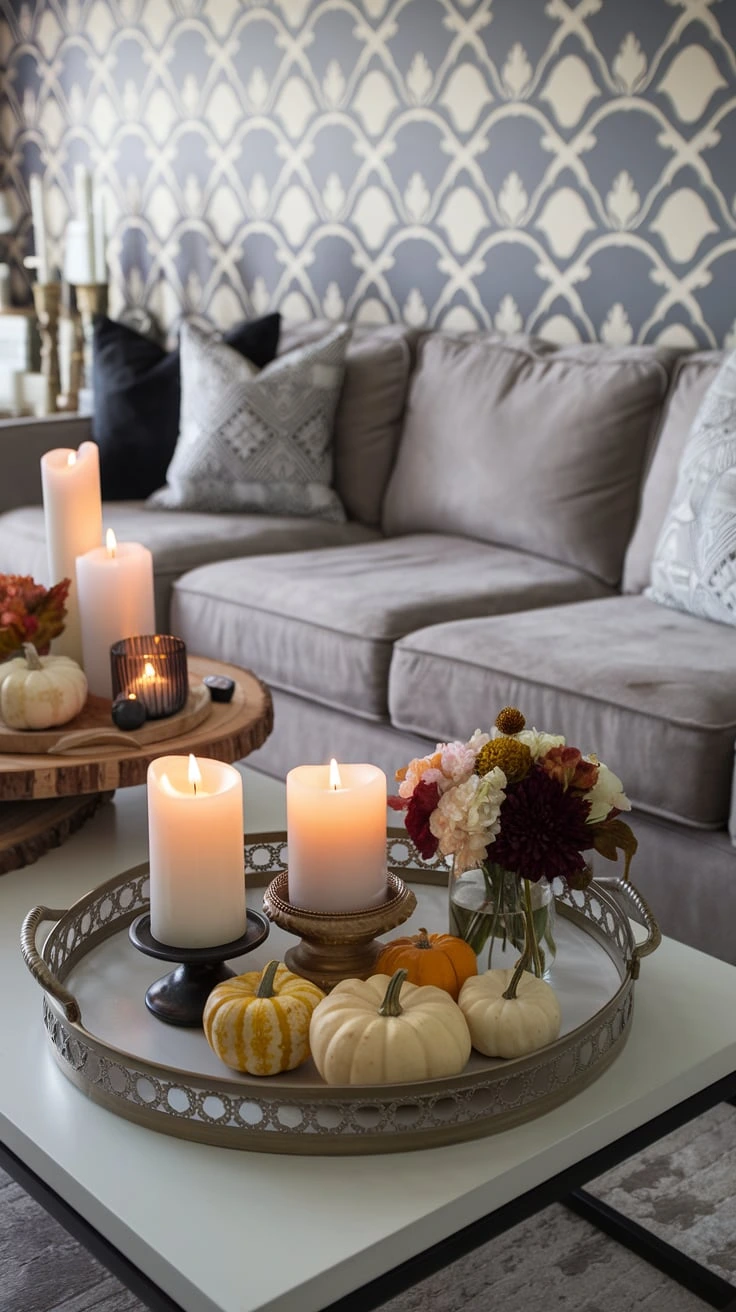 Grey couch with decorative trays, fall vignettes, seasonal arrangements, cozy displays, living room style, organized decor, autumn accents, warm colors, inviting space, curated collections