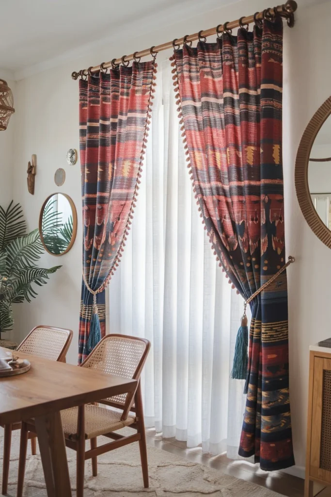 Bold window treatments, ethnic patterns, layered curtains, global-inspired decor, colorful fabrics, bohemian window dressing, cultural prints, textile art, eclectic design, light control