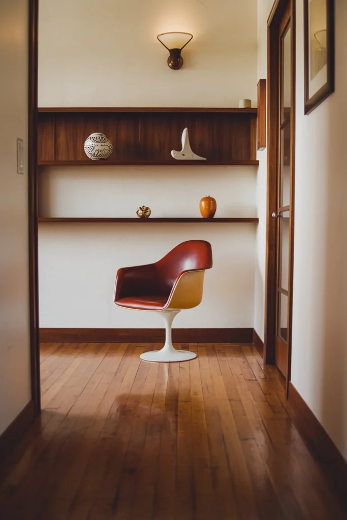 Tulip chair, iconic mid-century design, Eero Saarinen, pedestal base, modern seating, retro furniture, hallway accent, sculptural form, space-age style, functional art