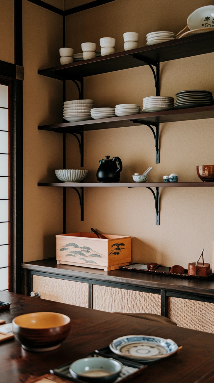 Open shelving, Japanese display ideas, minimalist storage, curated decor, uncluttered shelves, functional aesthetics, organized spaces, visual harmony, personal touches, zen-inspired organization