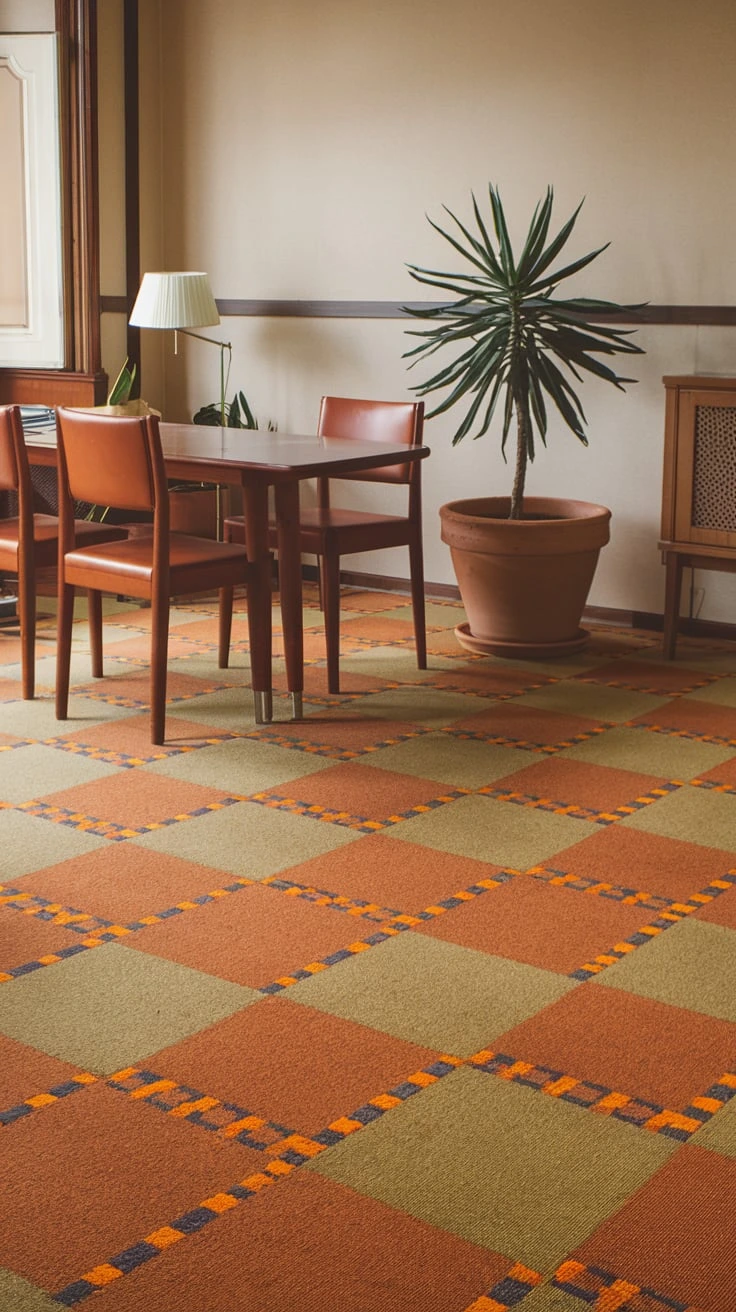 Versatile carpet tiles, modular flooring, endless design possibilities, easy maintenance, residential use, commercial applications, 70s-inspired patterns