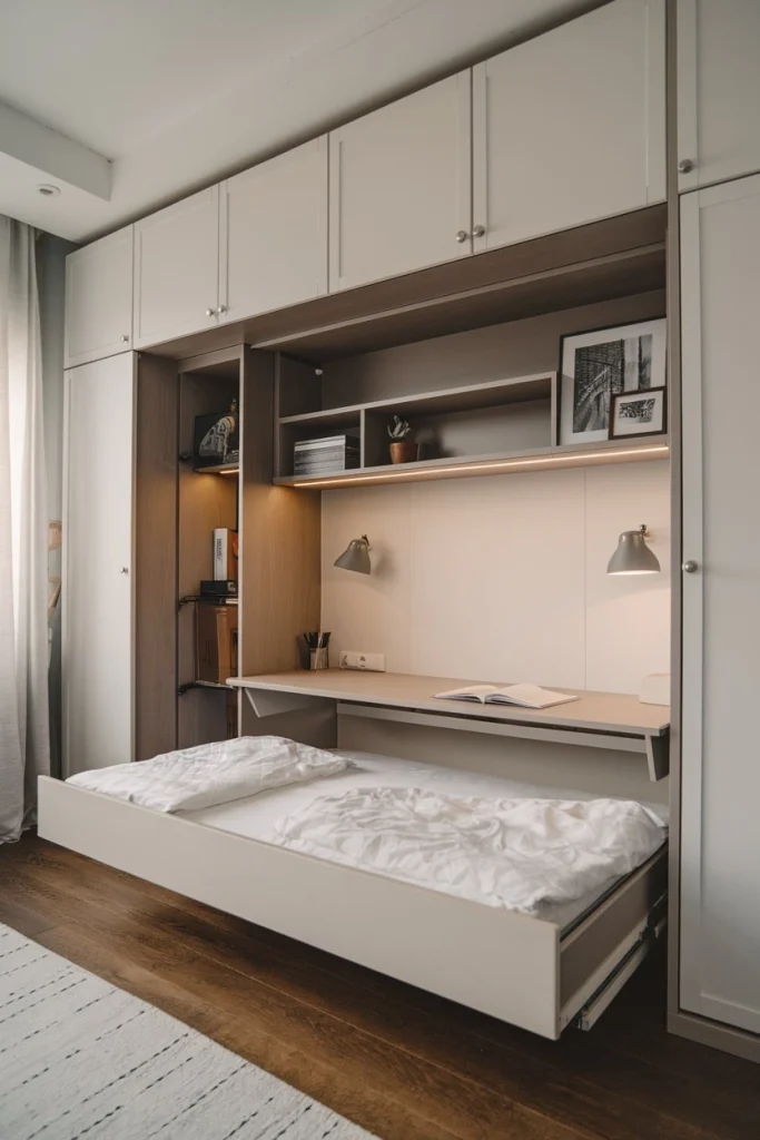 Murphy bed, versatile furniture, instant floor space, space-saving solution, multifunctional room, compact living, fold-away bed, modern design, small apartment ideas, flexibility