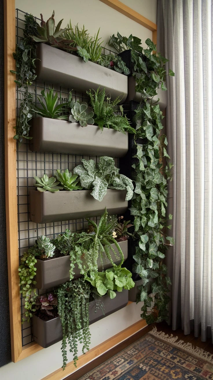 Vertical gardening with plants, wall-mounted planters, green wall, space-saving, urban gardening, indoor plants, living wall, vertical planter, hanging garden, plant shelf