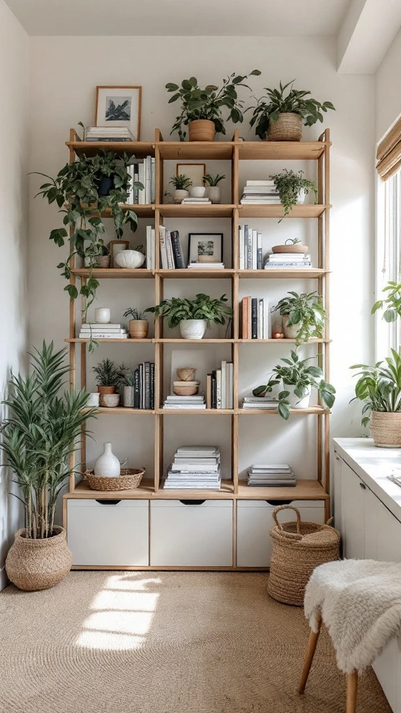 Tall bookshelf, wall-mounted shelves, vertical organization, space-saving storage, efficient use of height, organized small space, clever storage ideas, maximized wall space, decluttered room, functional design