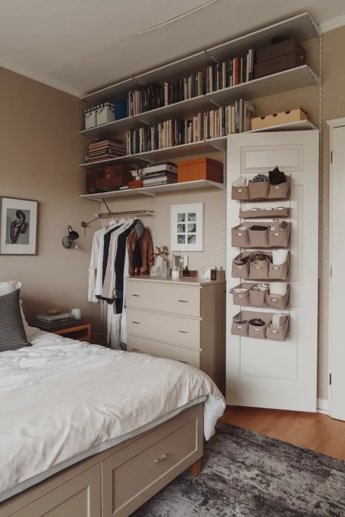 Vertical storage, small bedroom organization, space-saving solutions, wall-mounted shelves, efficient storage, compact living, clutter-free spaces, clever storage ideas, height utilization, functional design